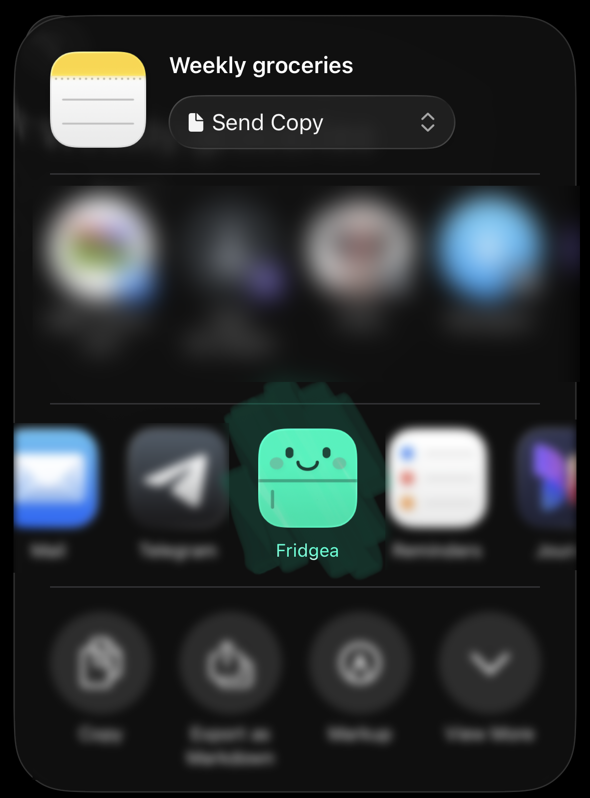 iOS share sheet showing Fridgea highlighted as a share target