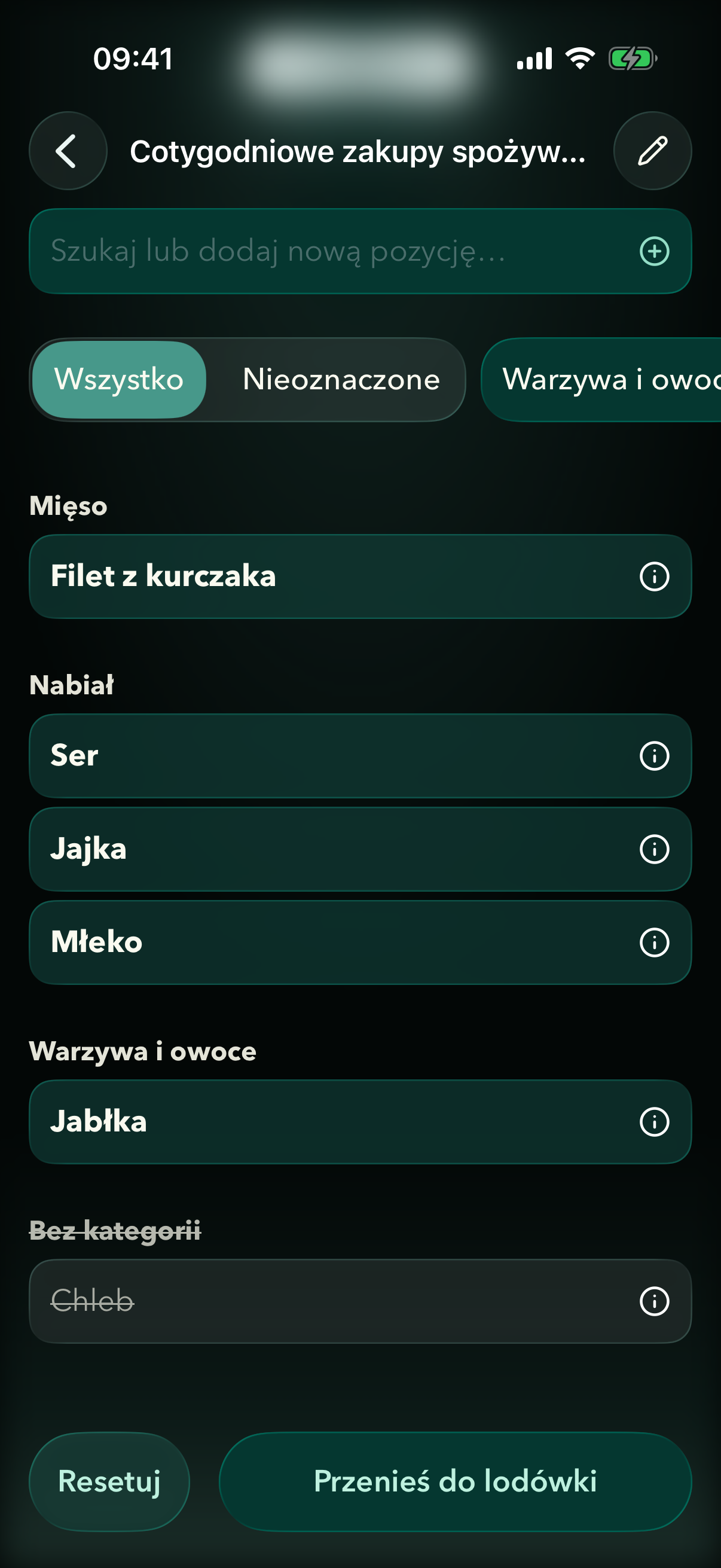 Lista zakupów Fridgea zaimportowana z notatki, pogrupowana wg kategorii
