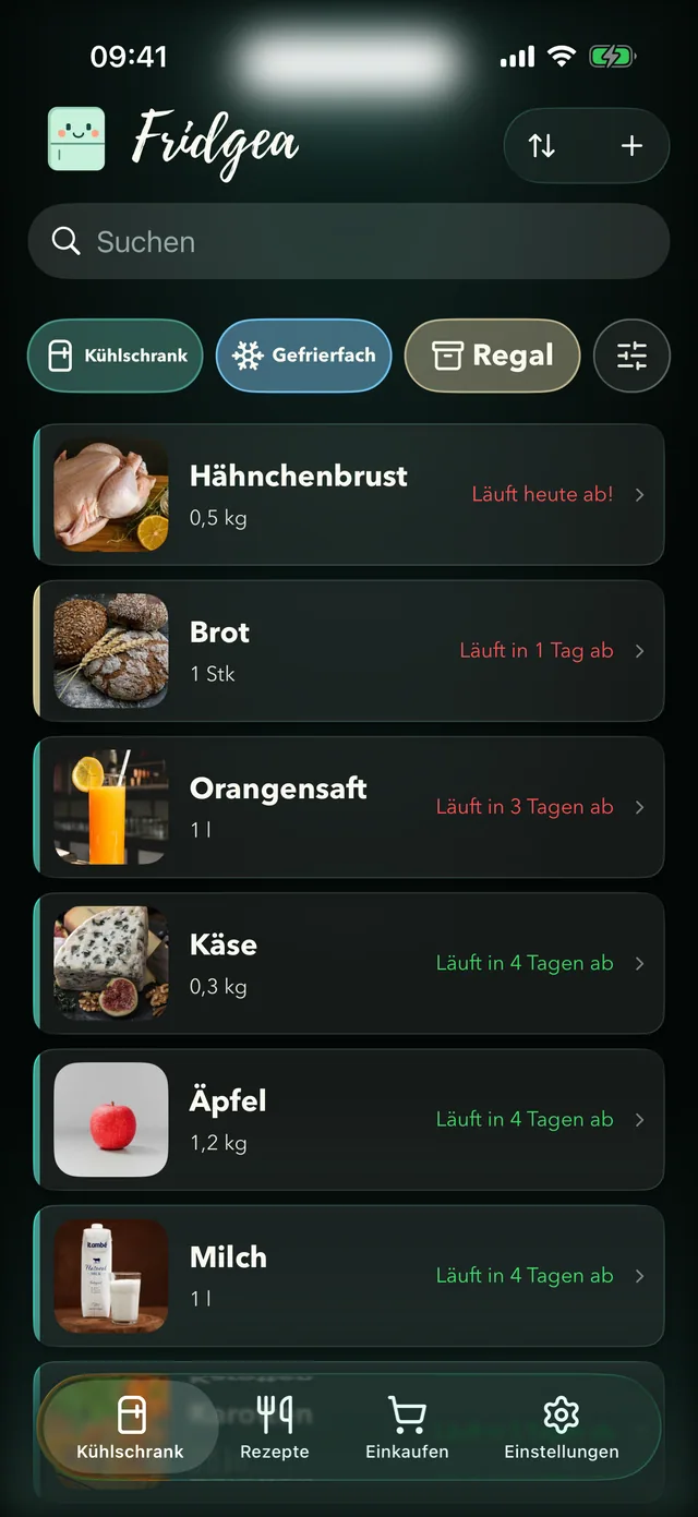 Fridgea-Vorratsliste: Lebensmittel nach Ablaufdatum sortiert, jeweils mit den verbleibenden Tagen