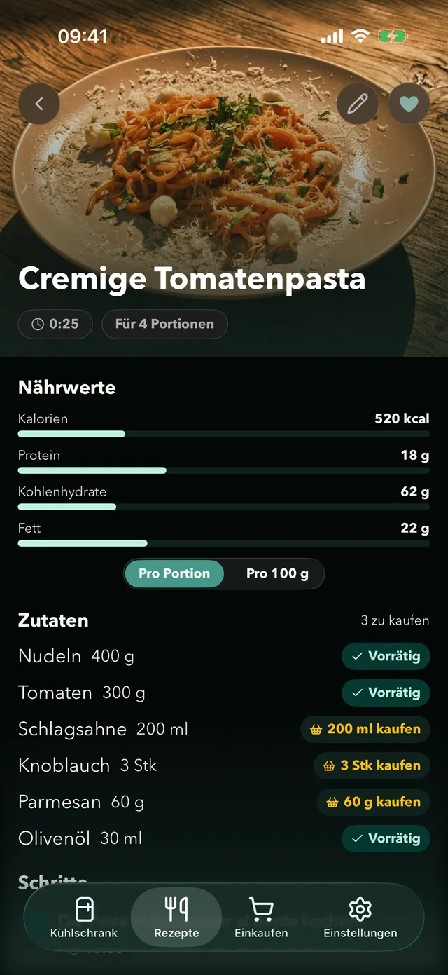 Fridgea-Rezept, das zeigt, welche Zutaten vorrätig sind und welche du kaufen musst