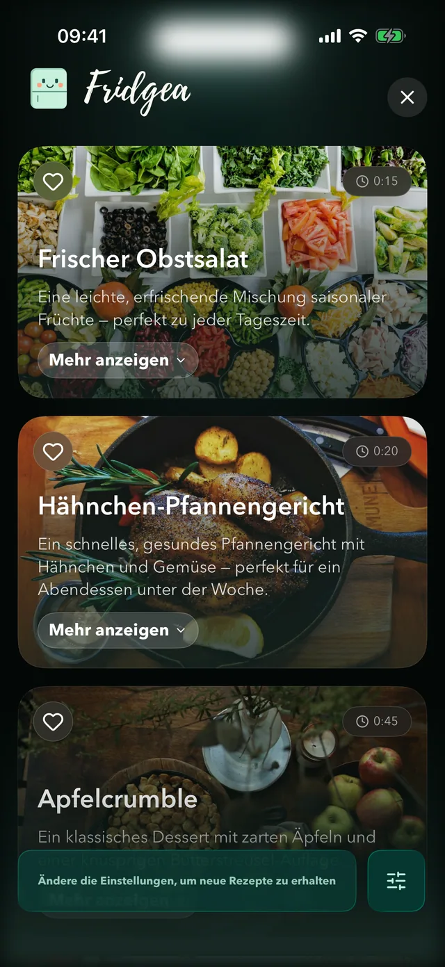 KI-Rezeptideen in Fridgea aus Zutaten, die im Kühlschrank sind