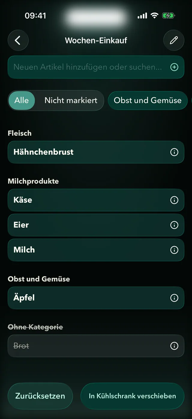 Fridgea-Einkaufsliste, nach Kategorien sortiert