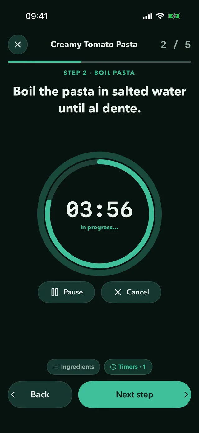 Fridgea cooking mode with a running step timer