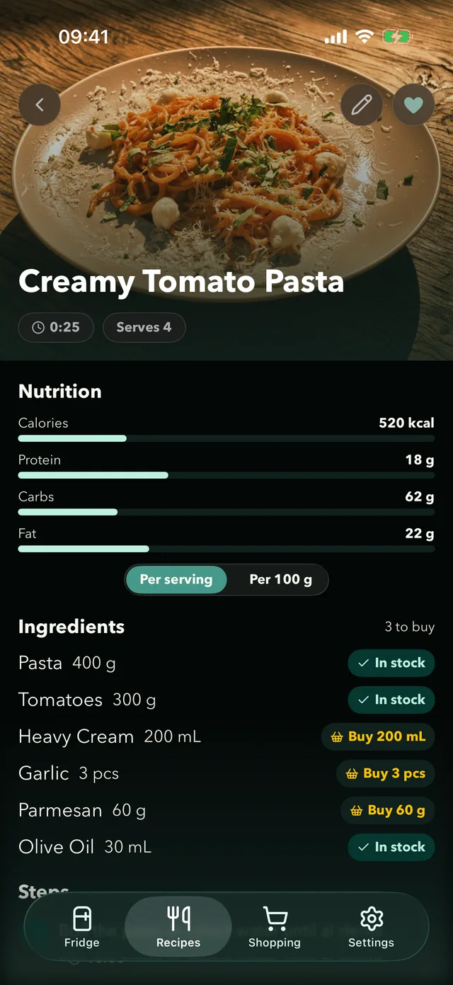 Fridgea recipe showing which ingredients are in stock and which to buy