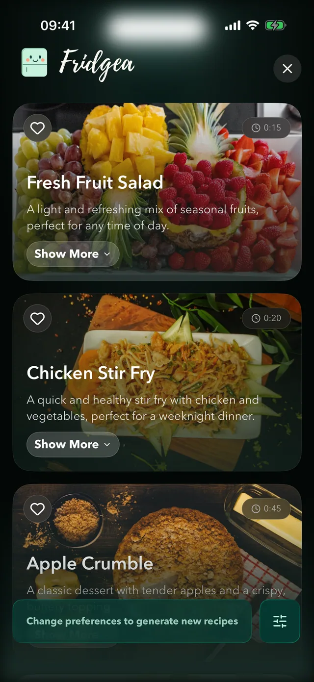 Fridgea AI recipe ideas generated from ingredients in the fridge