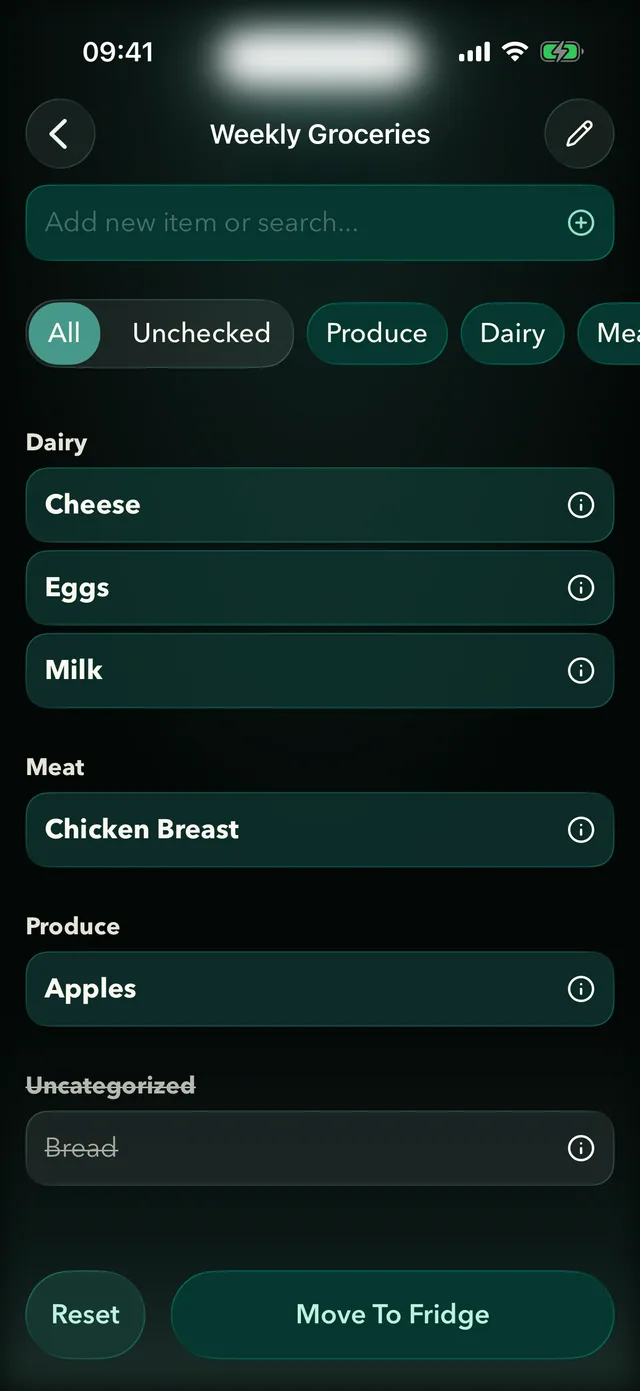 Fridgea shopping list grouped by category