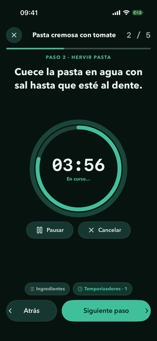 Modo cocina de Fridgea con un temporizador de paso en marcha