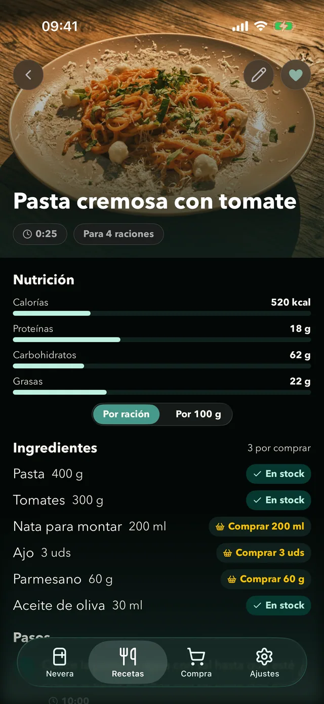Receta en Fridgea que muestra qué ingredientes tienes y cuáles comprar