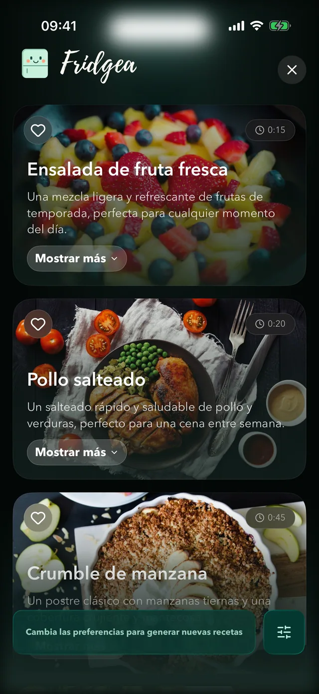 Ideas de recetas con IA en Fridgea a partir de lo que hay en la nevera