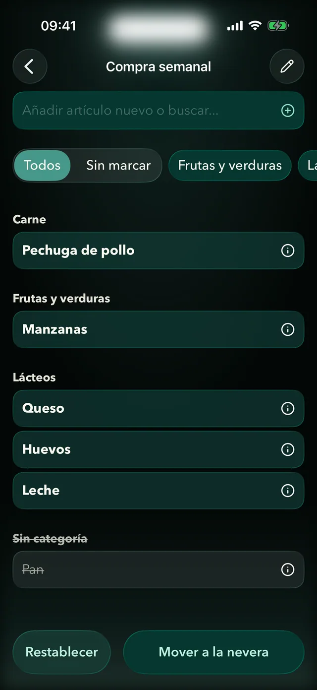 Lista de la compra de Fridgea agrupada por categorías