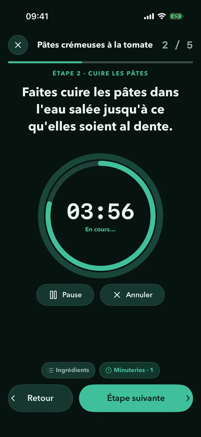 Mode cuisine de Fridgea avec un minuteur d’étape en cours
