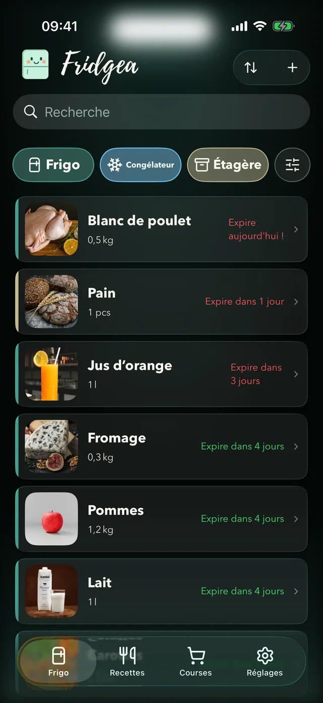 Inventaire Fridgea : aliments triés par date de péremption, avec les jours restants pour chacun