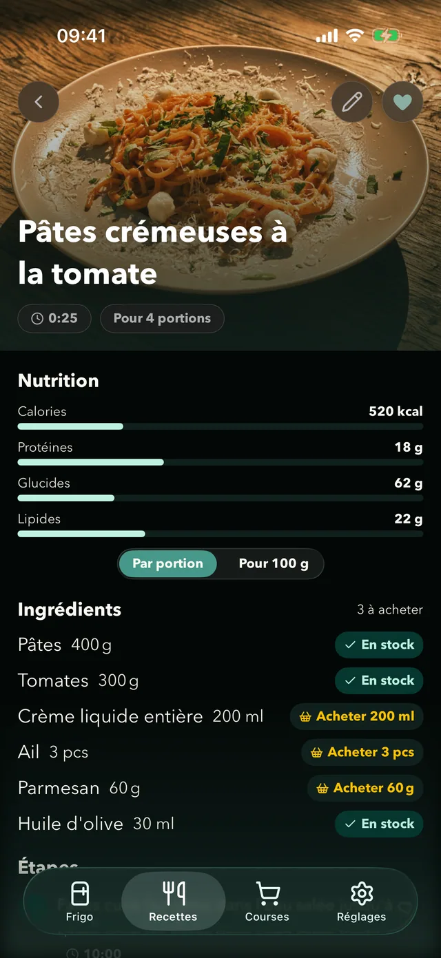 Recette Fridgea indiquant les ingrédients en stock et ceux à acheter