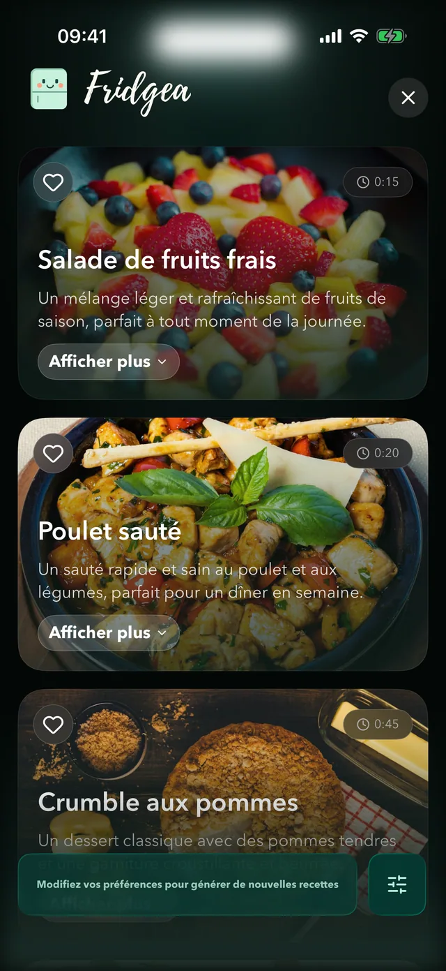 Idées de recettes IA dans Fridgea à partir de ce qu’il y a dans le frigo