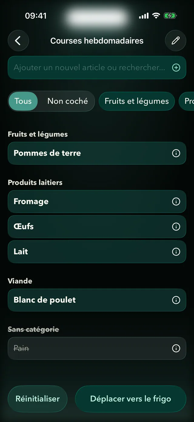 Liste de courses Fridgea classée par rayon