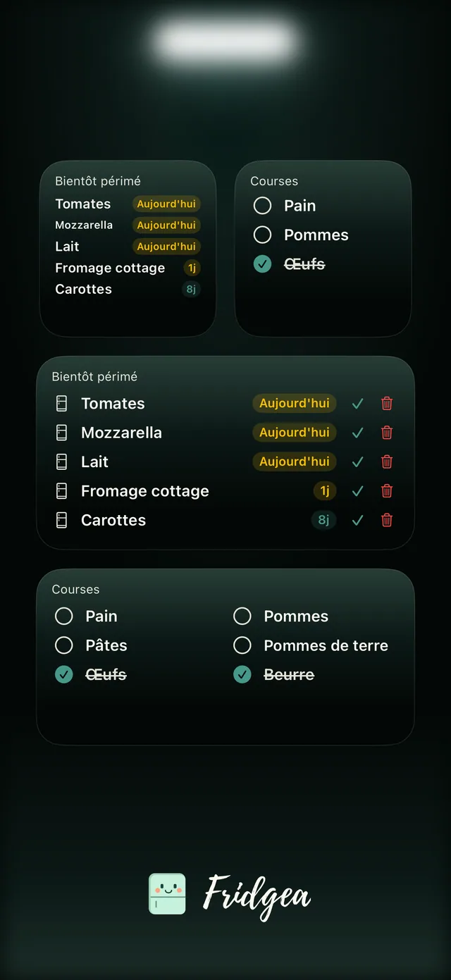 Widgets Fridgea sur l’écran d’accueil : aliments bientôt périmés et liste de courses
