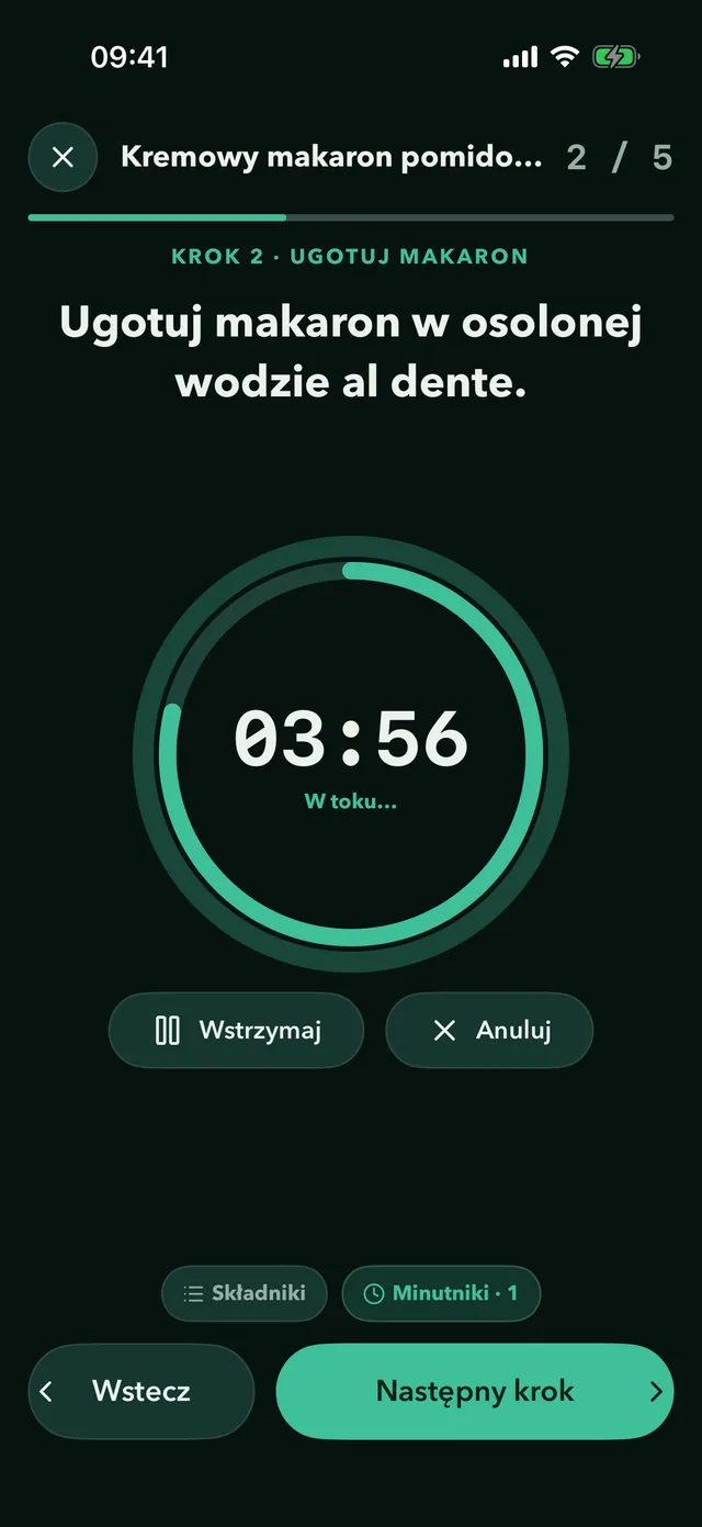 Tryb gotowania w Fridgea z włączonym minutnikiem kroku