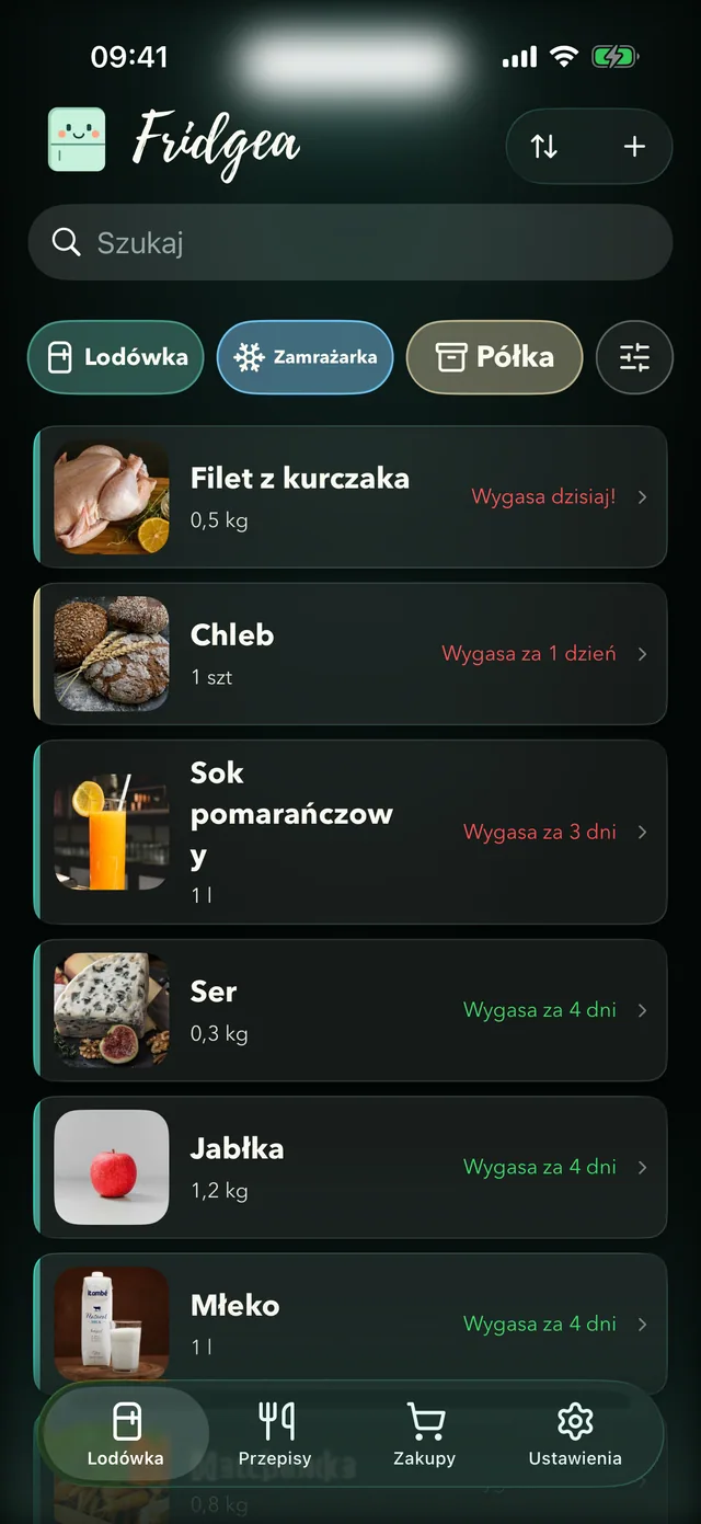 Zapasy w Fridgea: produkty posortowane według terminu ważności, przy każdym liczba pozostałych dni