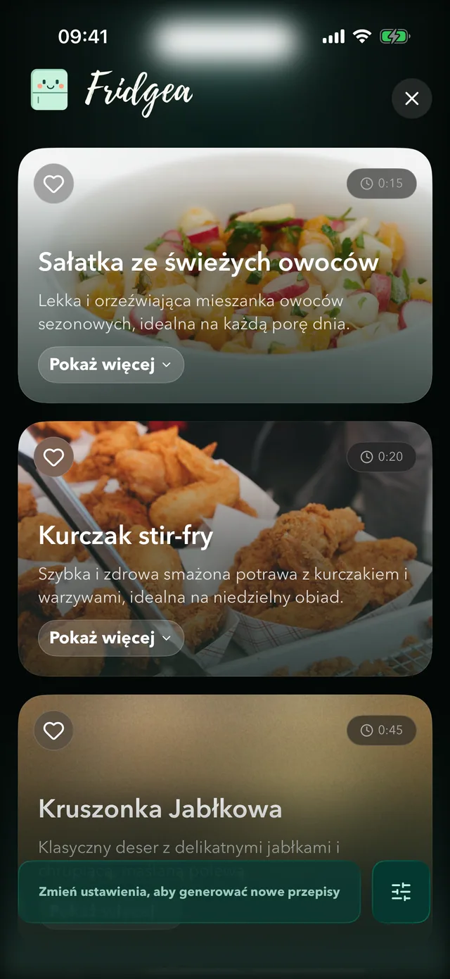 Pomysły na przepisy AI w Fridgea z produktów, które są w lodówce