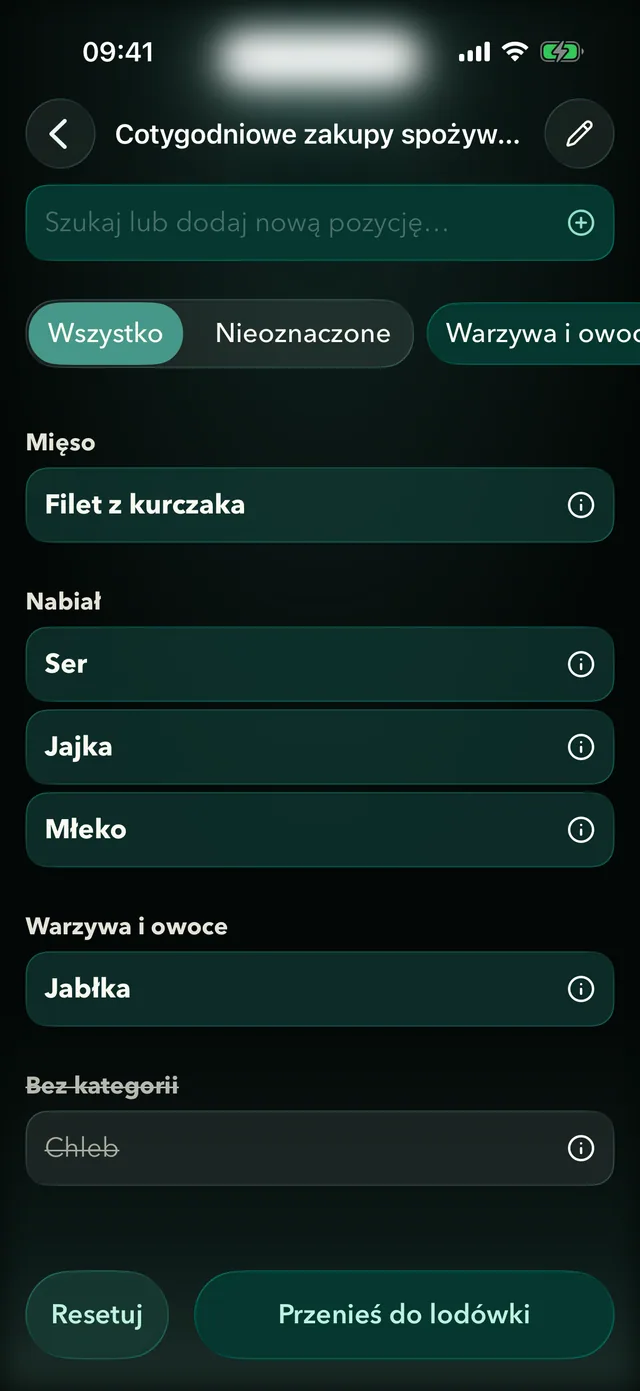 Lista zakupów w Fridgea pogrupowana według kategorii