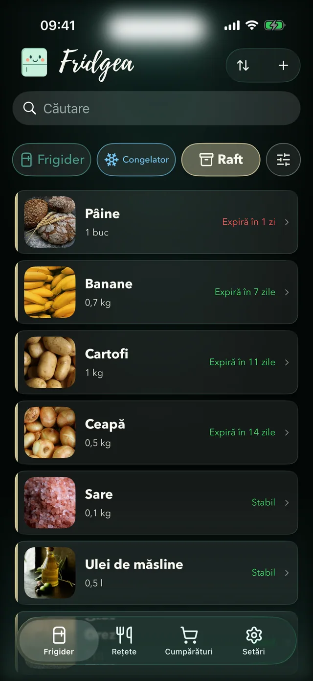 Inventarul din Fridgea: alimente sortate după data de expirare, fiecare cu zilele rămase
