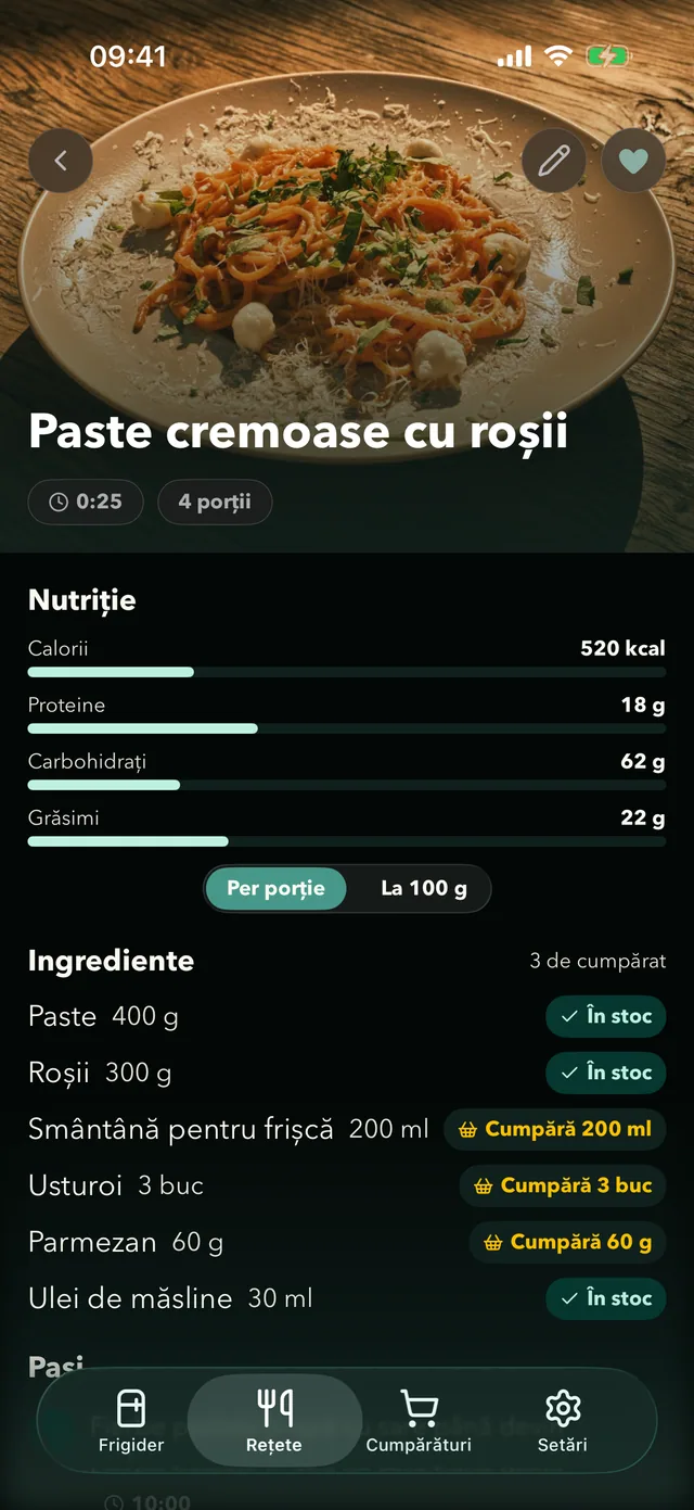 Rețetă în Fridgea care arată ce ingrediente ai în stoc și ce trebuie cumpărat