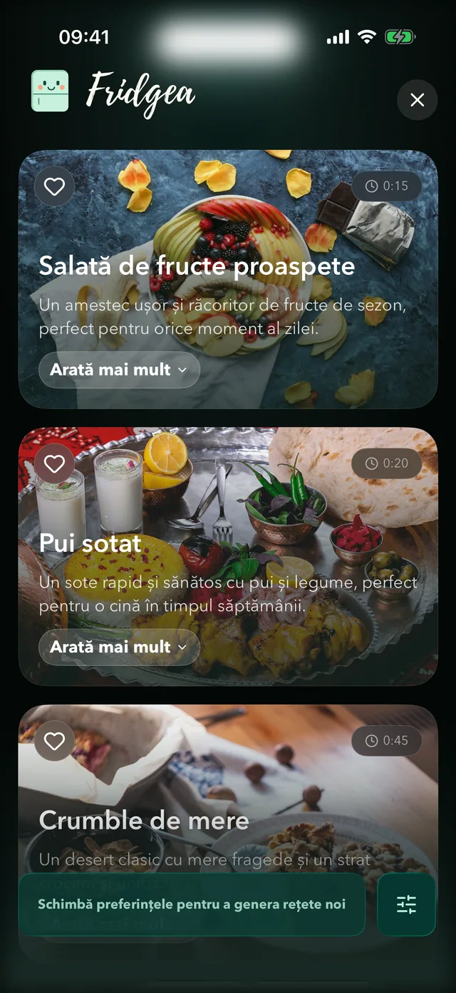 Idei de rețete AI în Fridgea din ingredientele aflate în frigider