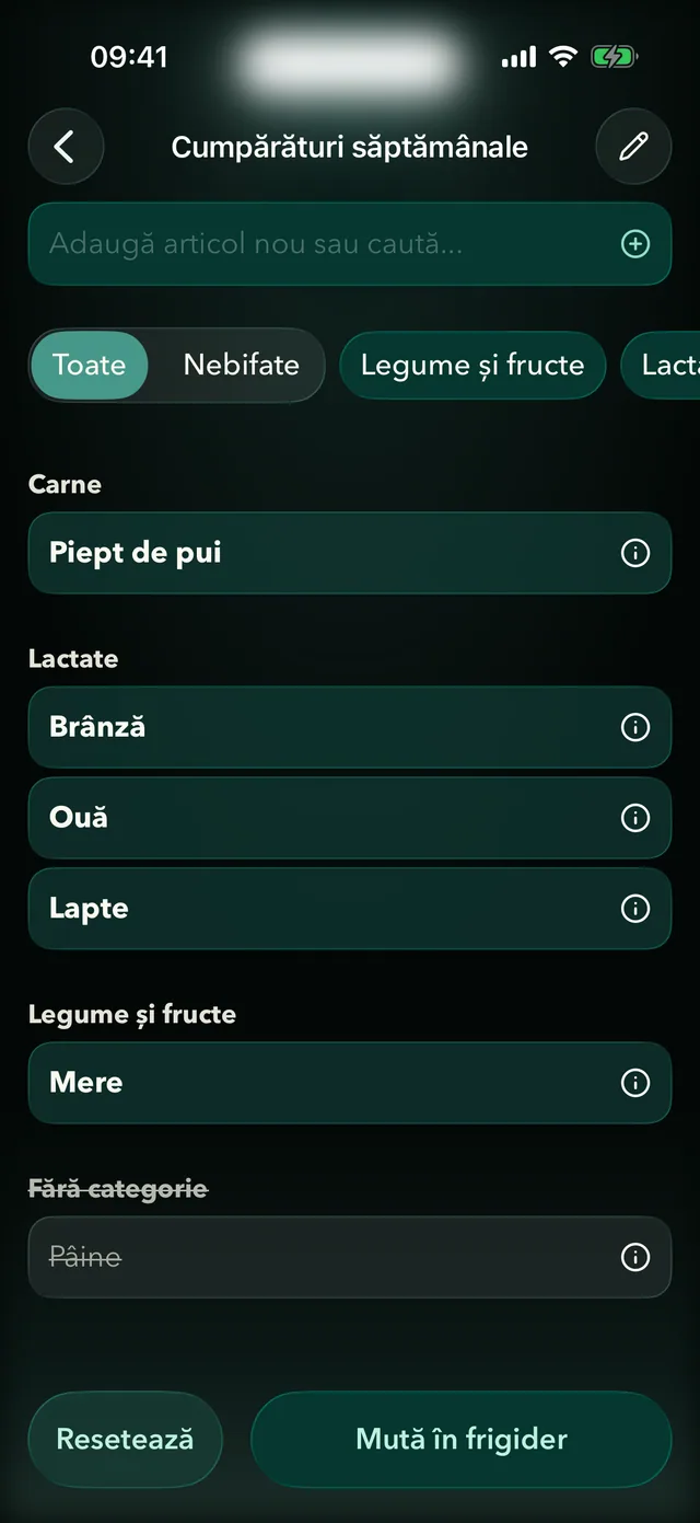 Listă de cumpărături în Fridgea, grupată pe categorii