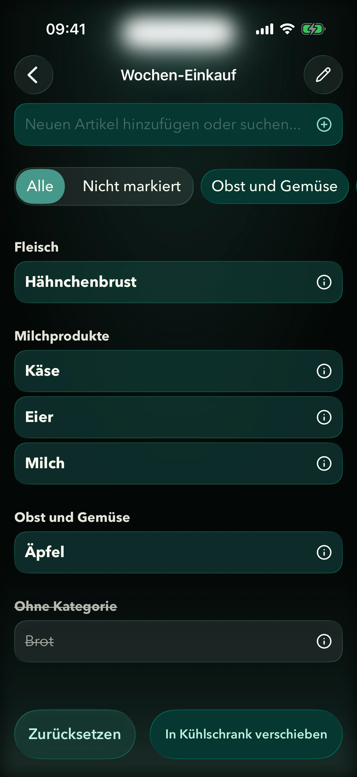 Fridgea-Einkaufsliste mit aus Apple Notes importierten Einträgen, nach Kategorien gruppiert