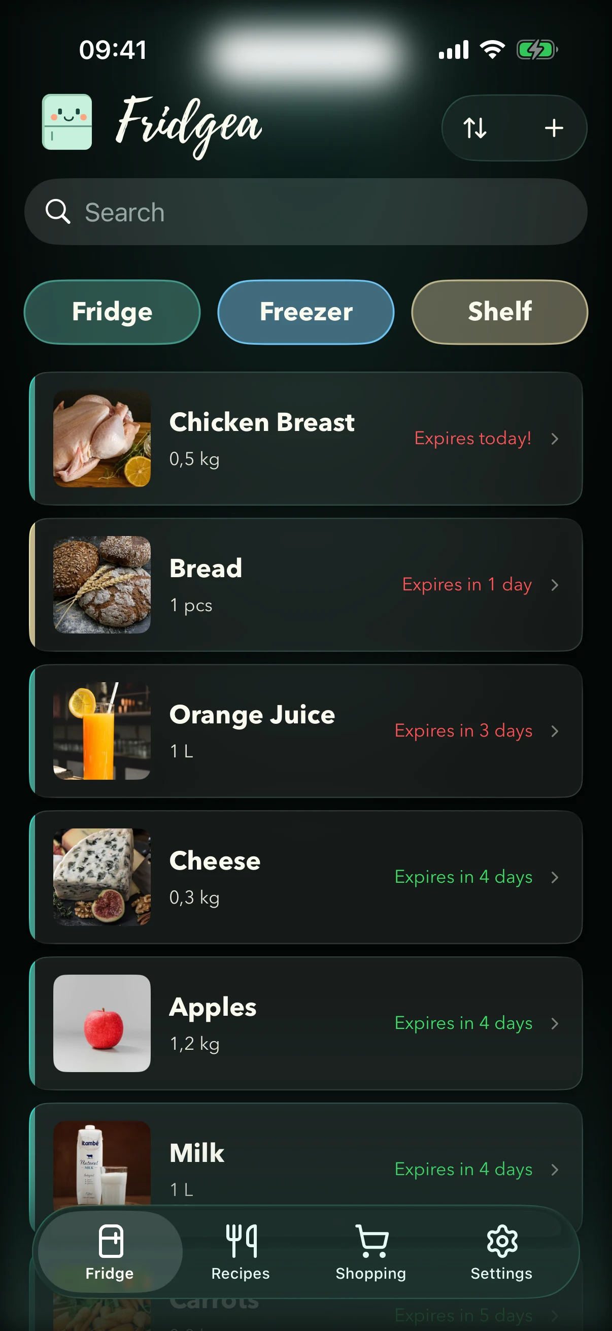 Fridgea showing fridge contents with expiration color coding