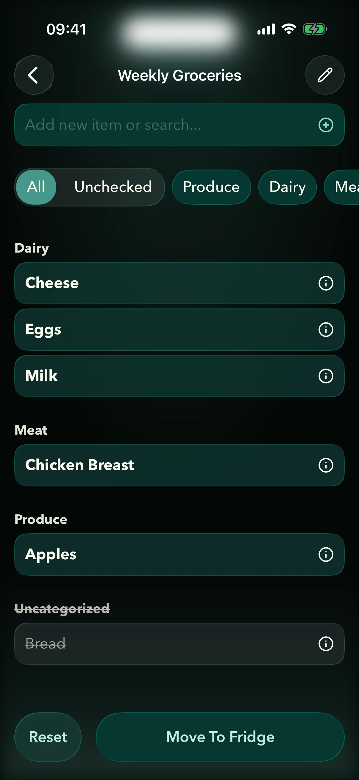 Fridgea shopping list populated from an imported Apple Notes list, grouped by category