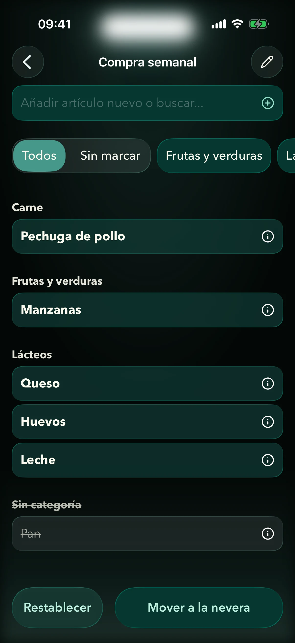 Lista de la compra de Fridgea rellenada a partir de una lista importada de Apple Notes, agrupada por categorías