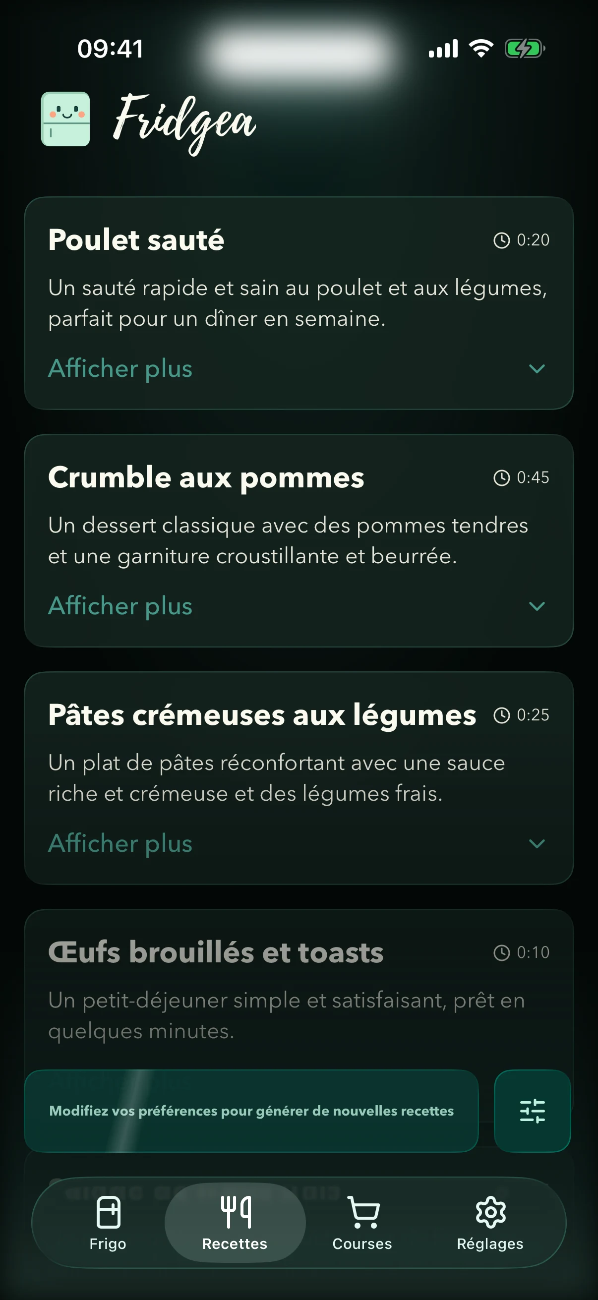 Fridgea suggérant des recettes à partir du contenu actuel du frigo