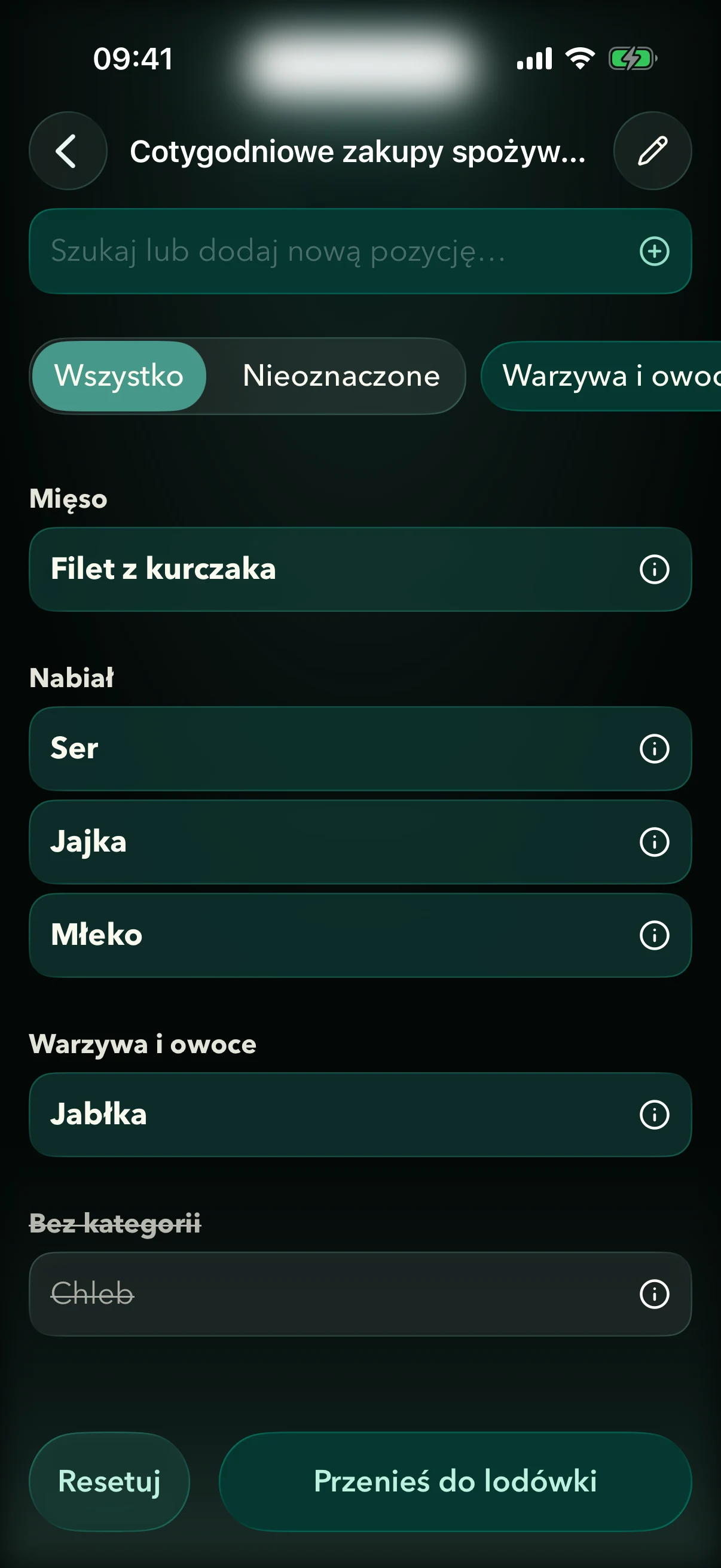 Lista zakupów Fridgea zaimportowana z notatki, pogrupowana wg kategorii