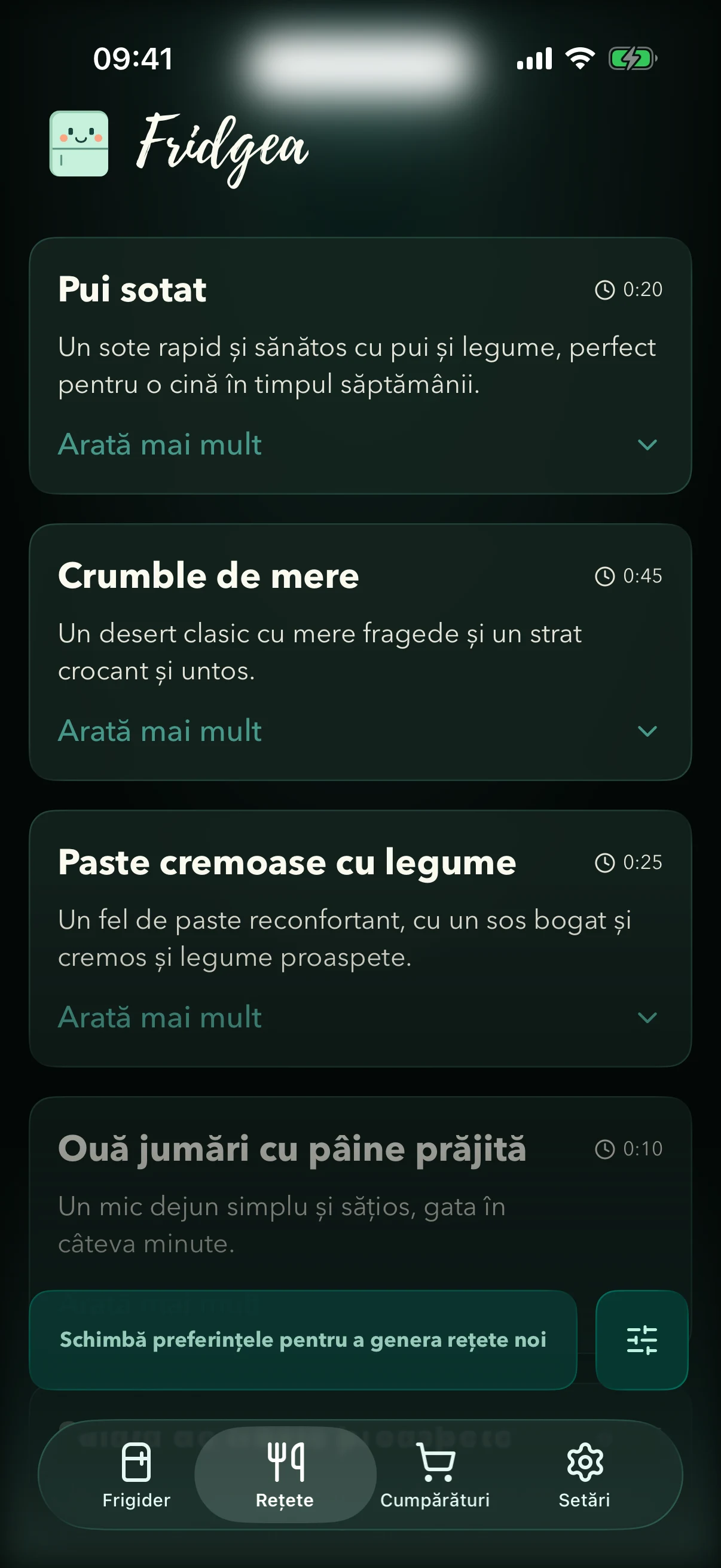 Fridgea sugerând rețete din conținutul actual al frigiderului