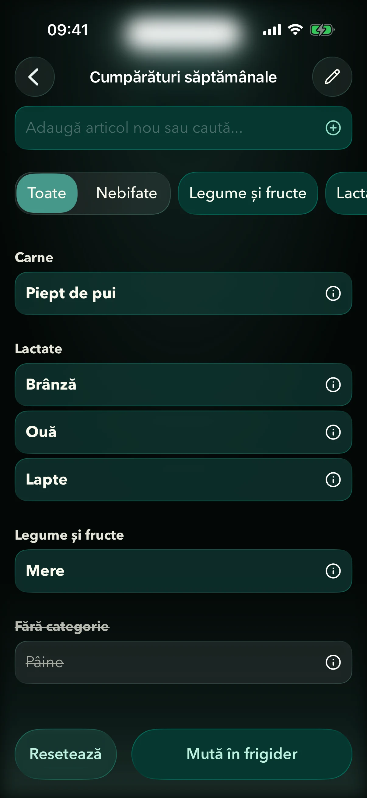 Listă de cumpărături Fridgea populată dintr-o listă importată din Apple Notes, grupată pe categorii